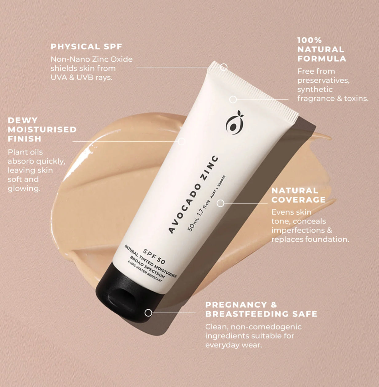 AVOCADO ZINC - SPF 50 NATURAL TINTED MOISTURISER