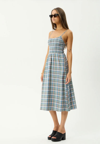 AFENDS AMELIE CHECK SEERSUCKER MIDI DRESS | MULTI