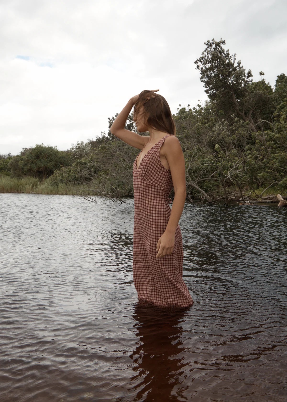 AFENDS TULLY SEERSUCKER MAXI DRESS -  CAPRICORN BURGUNDY CHECK