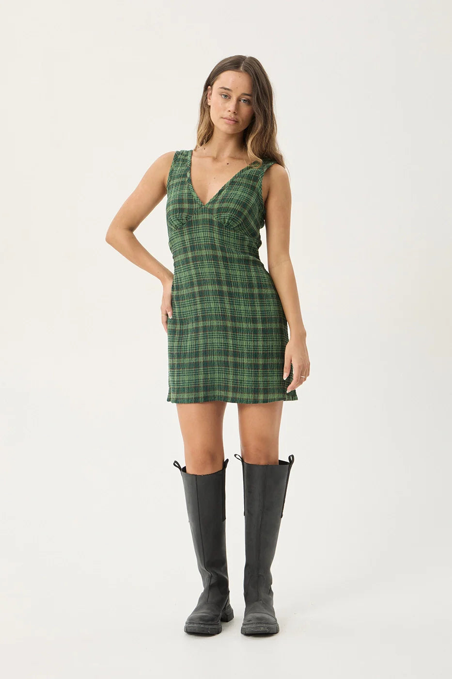 AFENDS LONNIE SEERSUCKER MINI DRESS - HUNTER GREEN