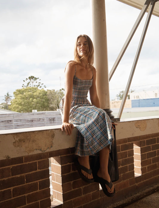 AFENDS AMELIE CHECK SEERSUCKER MIDI DRESS | MULTI