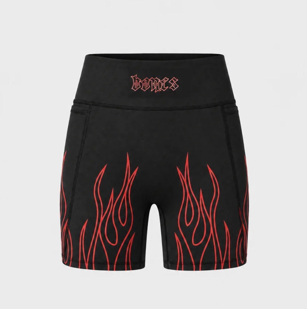 Billy Bones- Flamed Biker Shorts- Black/Red