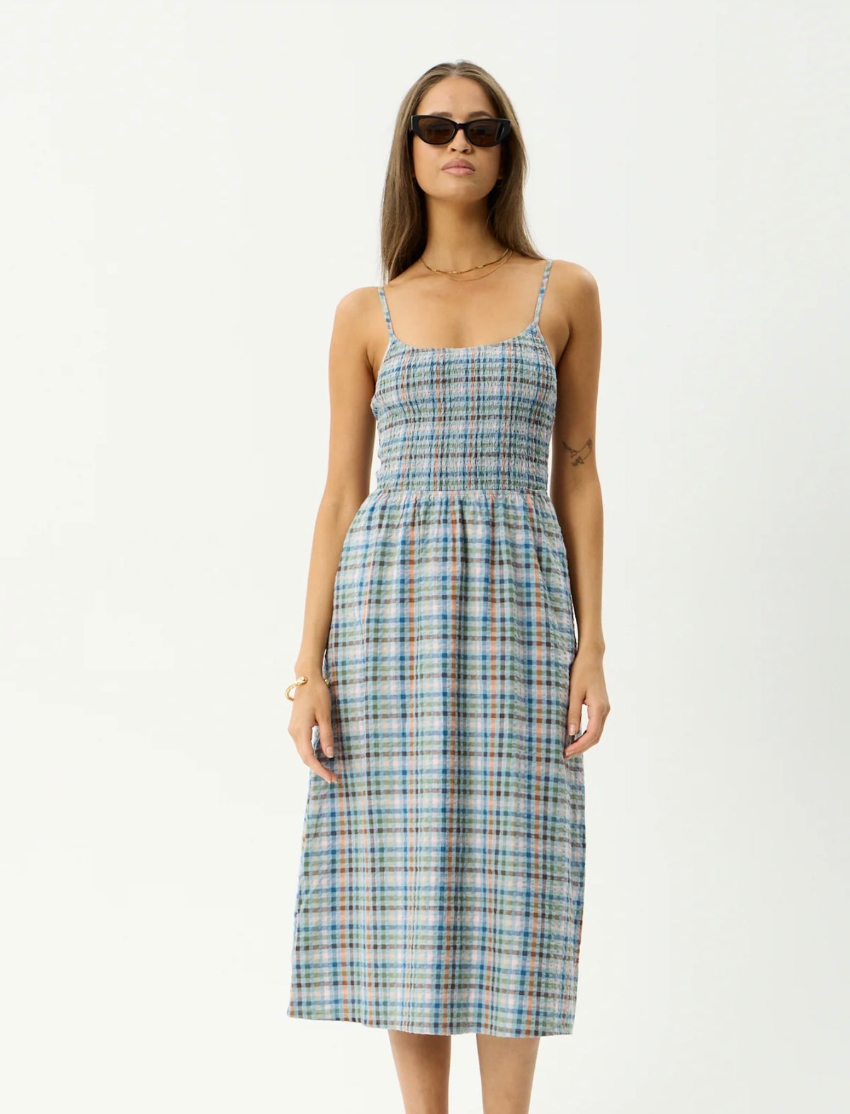AFENDS AMELIE CHECK SEERSUCKER MIDI DRESS | MULTI