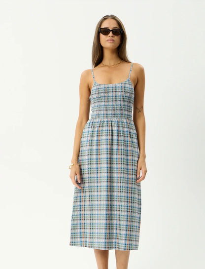 AFENDS AMELIE CHECK SEERSUCKER MIDI DRESS | MULTI