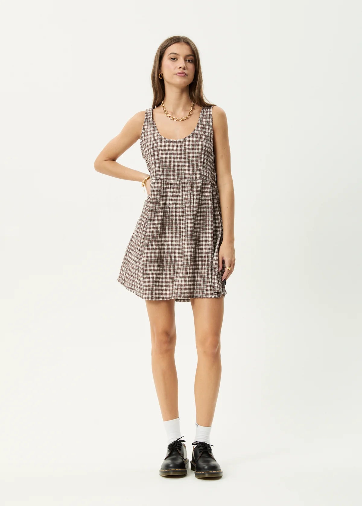 AFENDS JESSE SEERSUCKER MINI DRESS- COFFEE CHECK
