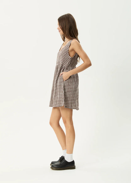 AFENDS JESSE SEERSUCKER MINI DRESS- COFFEE CHECK