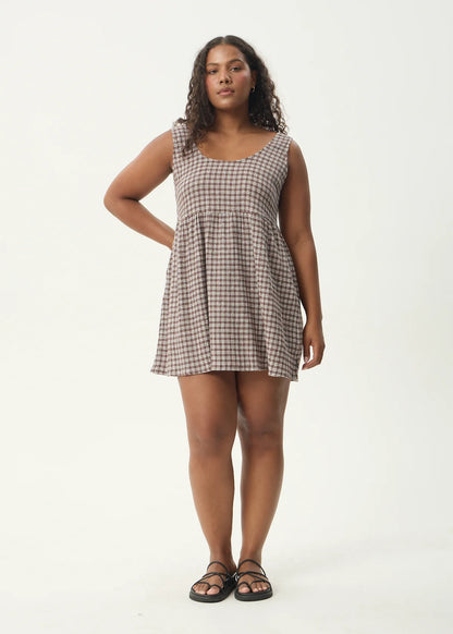 AFENDS JESSE SEERSUCKER MINI DRESS- COFFEE CHECK