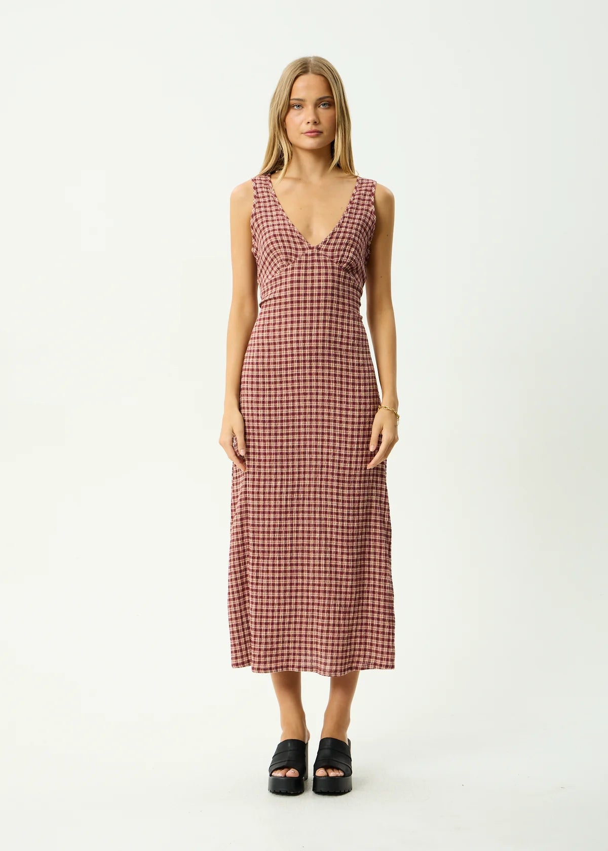 AFENDS TULLY SEERSUCKER MAXI DRESS -  CAPRICORN BURGUNDY CHECK
