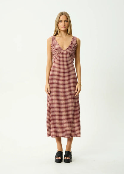 AFENDS TULLY SEERSUCKER MAXI DRESS -  CAPRICORN BURGUNDY CHECK
