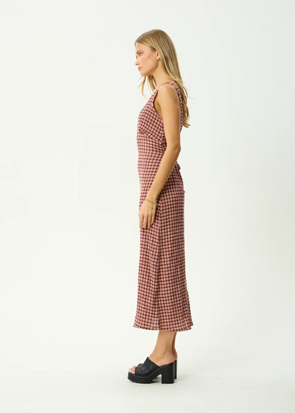 AFENDS TULLY SEERSUCKER MAXI DRESS -  CAPRICORN BURGUNDY CHECK