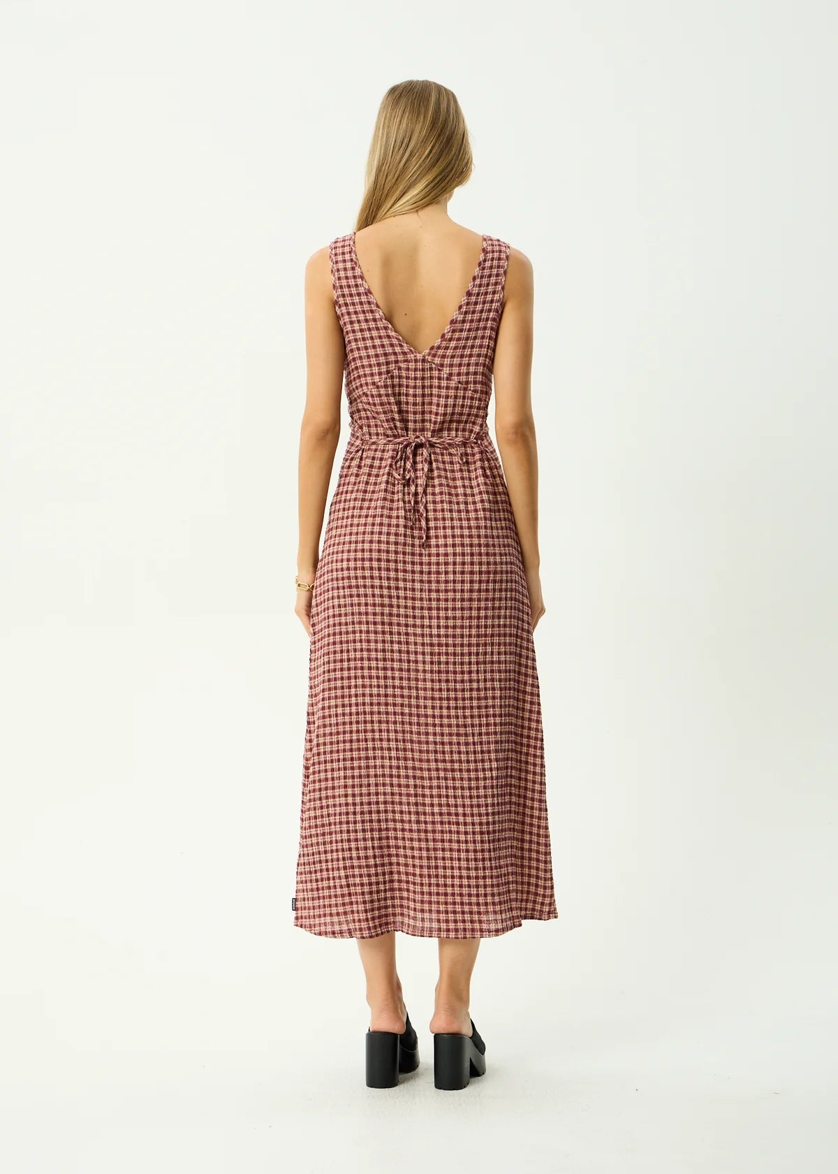 AFENDS TULLY SEERSUCKER MAXI DRESS -  CAPRICORN BURGUNDY CHECK