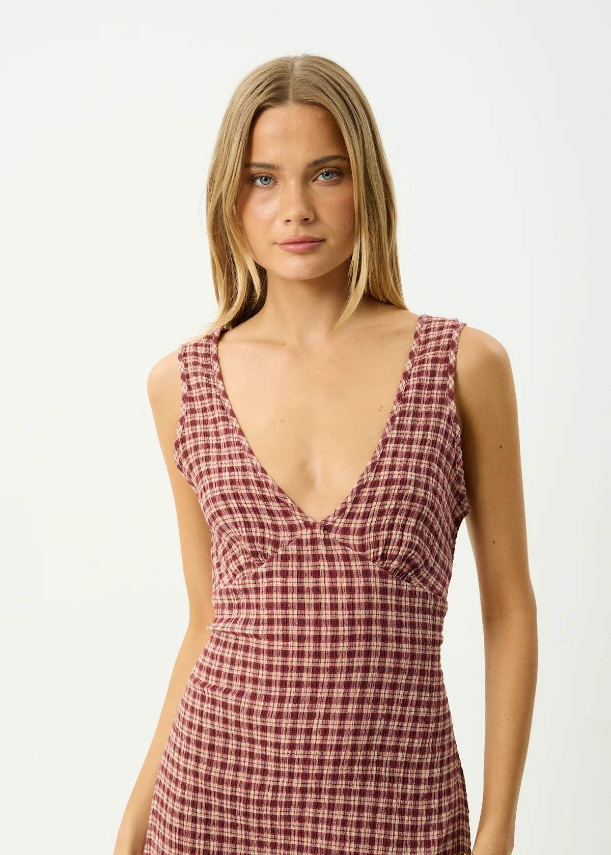 AFENDS TULLY SEERSUCKER MAXI DRESS -  CAPRICORN BURGUNDY CHECK