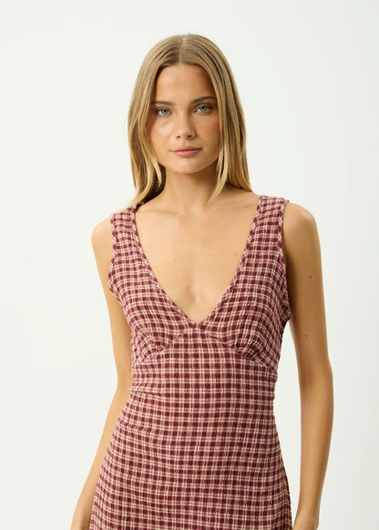 AFENDS TULLY SEERSUCKER MAXI DRESS -  CAPRICORN BURGUNDY CHECK